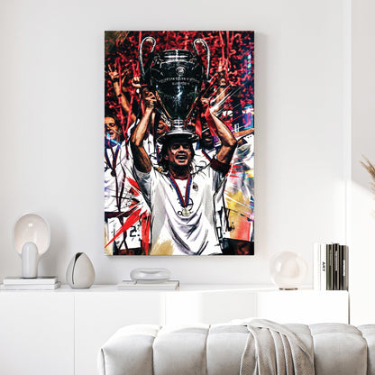 Paolo Maldini lifting the Champions League trophy in an urban street art style wall art.