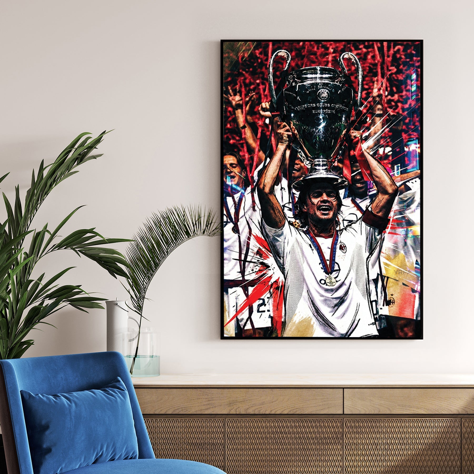 Paolo Maldini lifting the Champions League trophy in an urban street art style wall art.