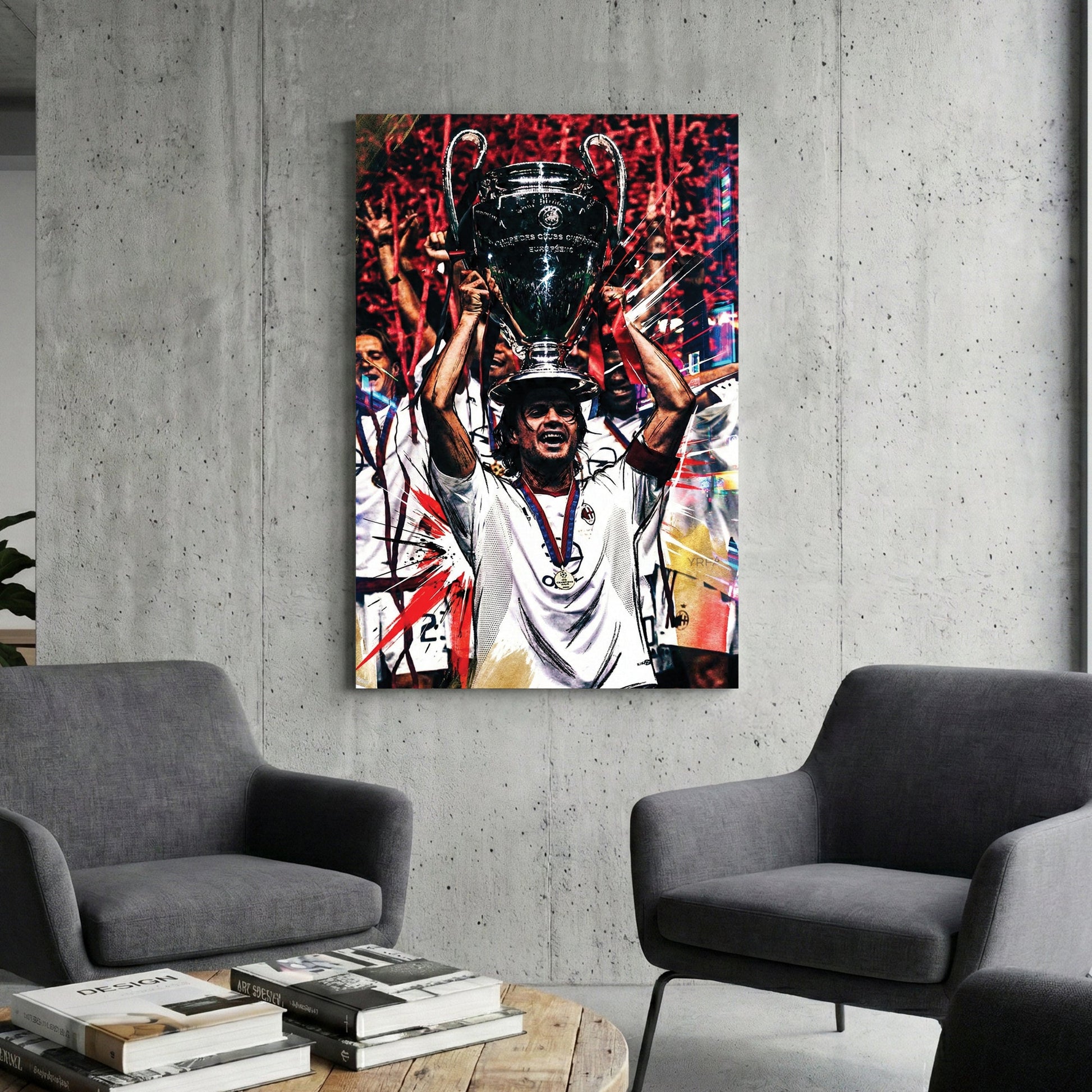 Paolo Maldini lifting the Champions League trophy in an urban street art style wall art.