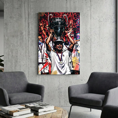 Paolo Maldini lifting the Champions League trophy in an urban street art style wall art.
