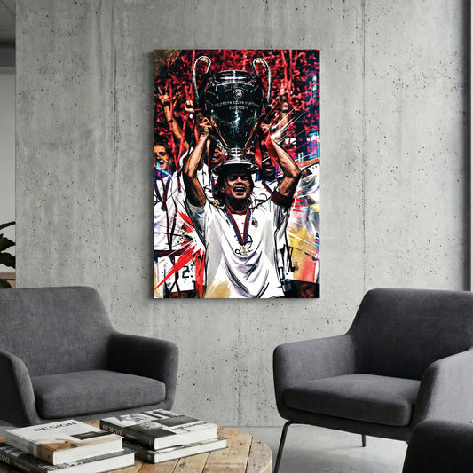 Paolo Maldini lifting the Champions League trophy in an urban street art style wall art.