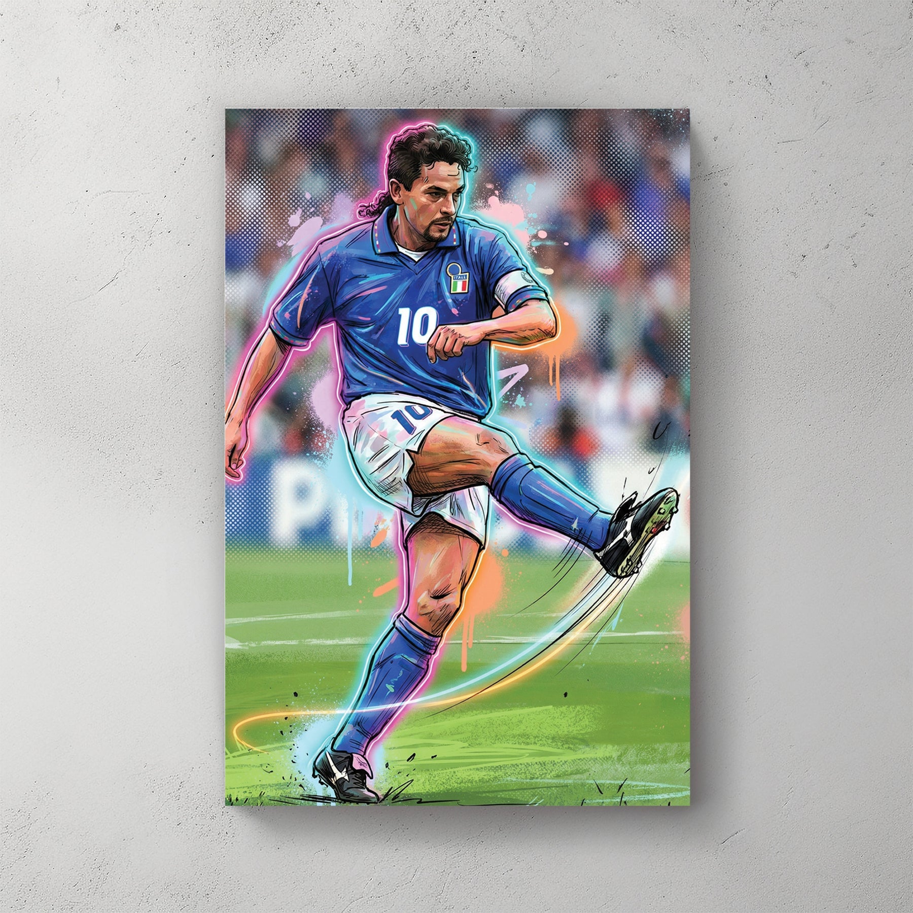 Urban street art style wall art of Roberto Baggio in a blue Italy jersey mid-kick.