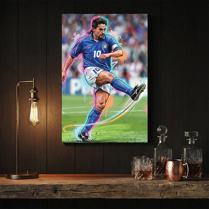Urban street art style wall art of Roberto Baggio in a blue Italy jersey mid-kick.