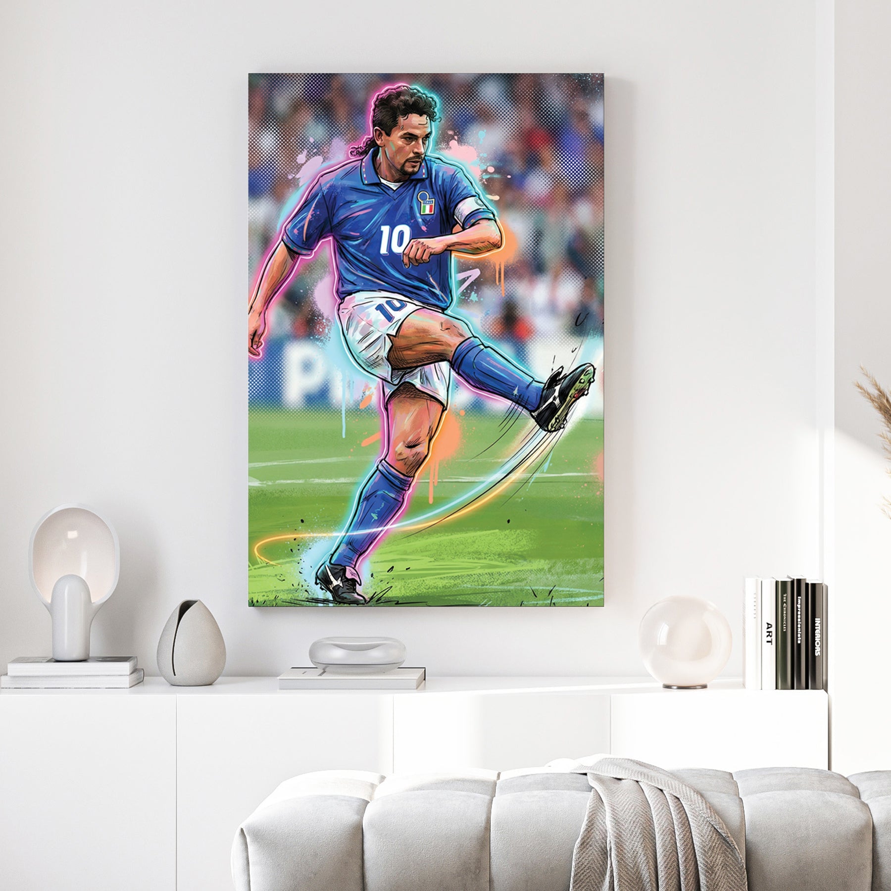Urban street art style wall art of Roberto Baggio in a blue Italy jersey mid-kick.