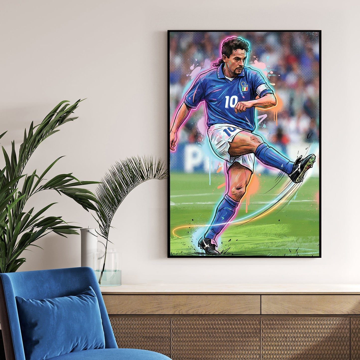 Urban street art style wall art of Roberto Baggio in a blue Italy jersey mid-kick.