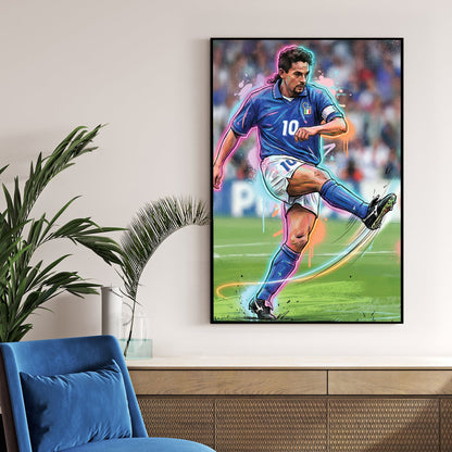 Urban street art style wall art of Roberto Baggio in a blue Italy jersey mid-kick.