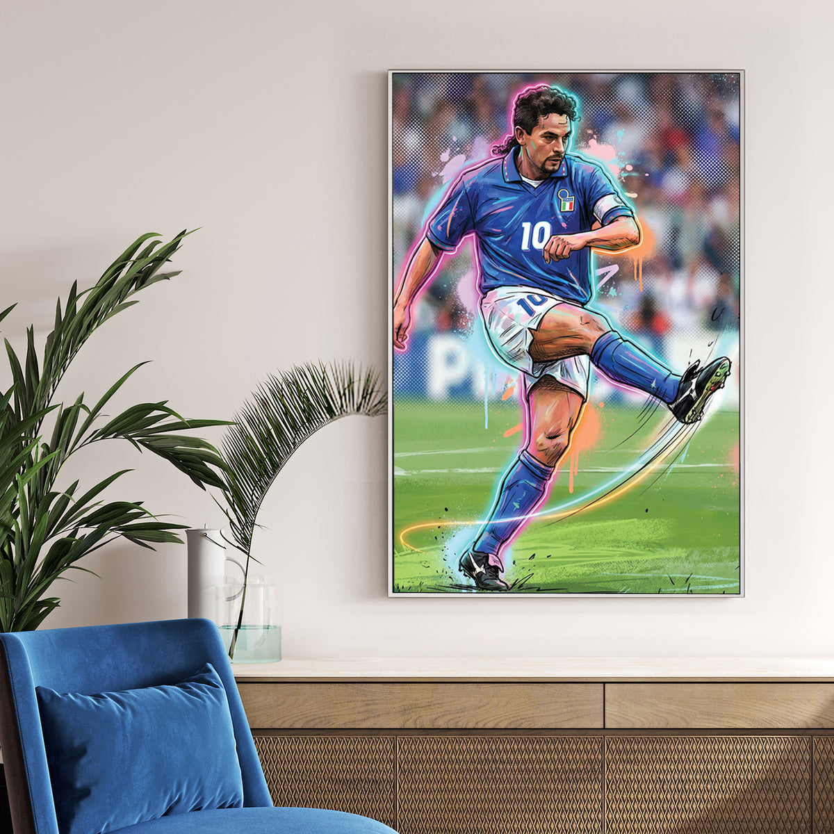 Urban street art style wall art of Roberto Baggio in a blue Italy jersey mid-kick.