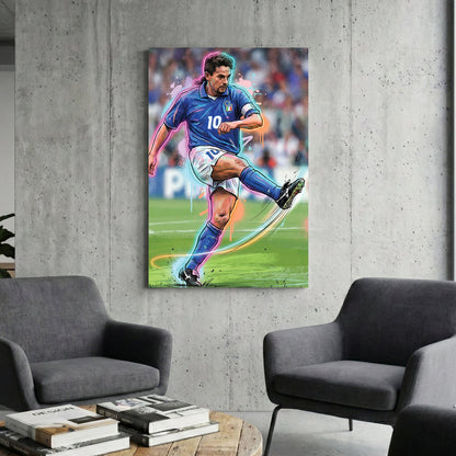 Urban street art style wall art of Roberto Baggio in a blue Italy jersey mid-kick.