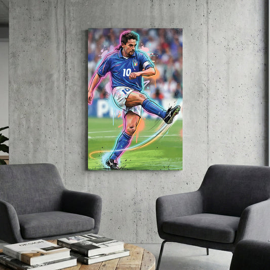 Urban street art style wall art of Roberto Baggio in a blue Italy jersey mid-kick.