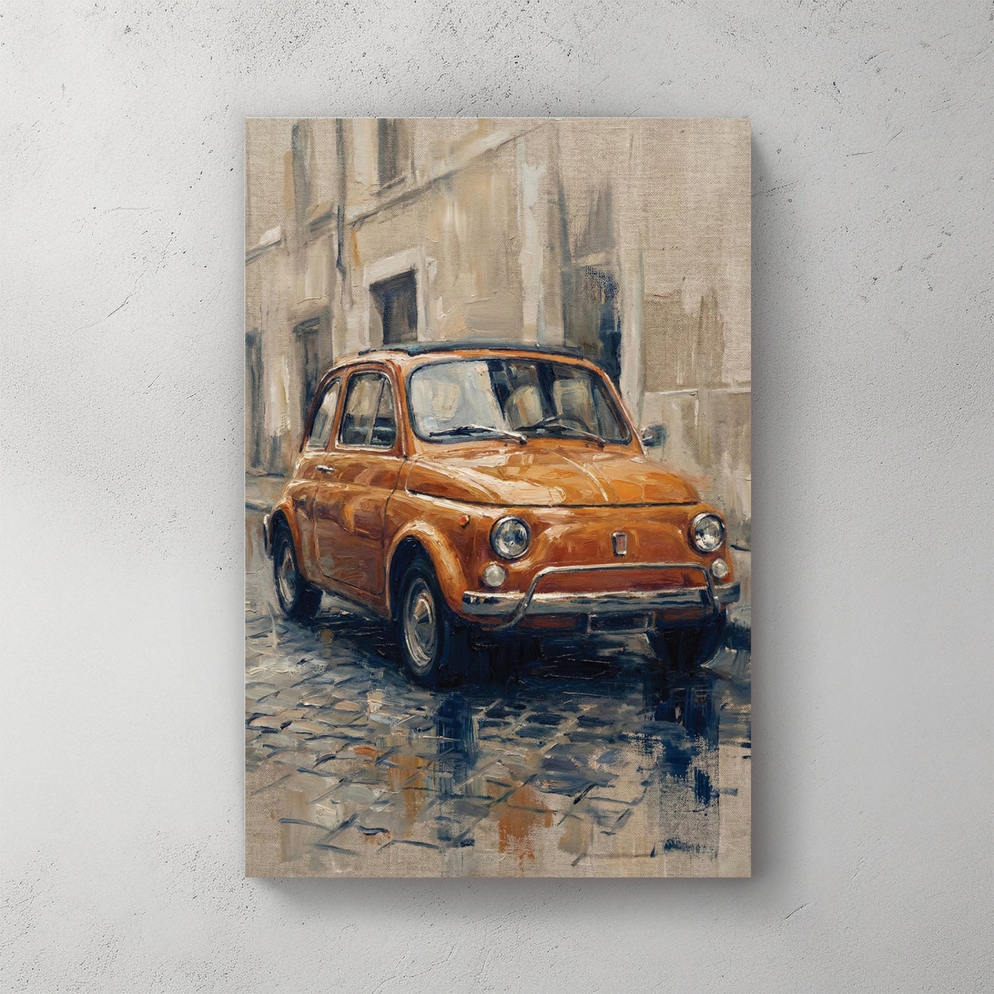 Impressionist orange Fiat 500 wall art on a cobblestone street.