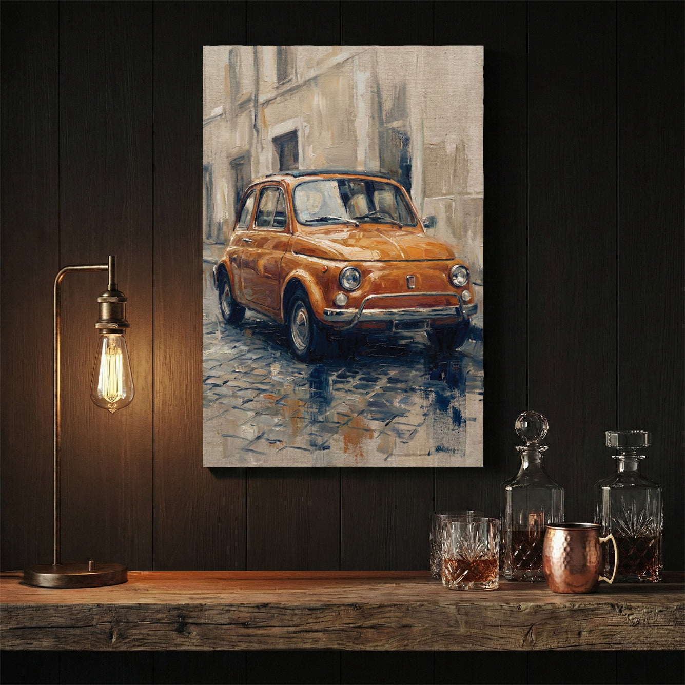 Impressionist orange Fiat 500 wall art on a cobblestone street.