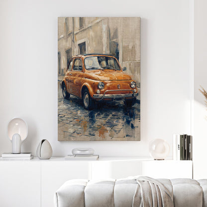 Impressionist orange Fiat 500 wall art on a cobblestone street.