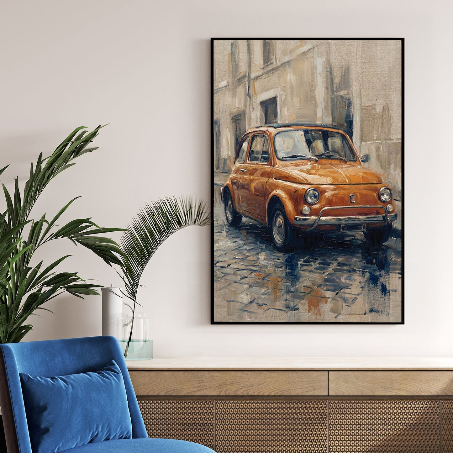 Impressionist orange Fiat 500 wall art on a cobblestone street.