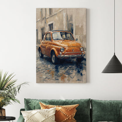 Impressionist orange Fiat 500 wall art on a cobblestone street.