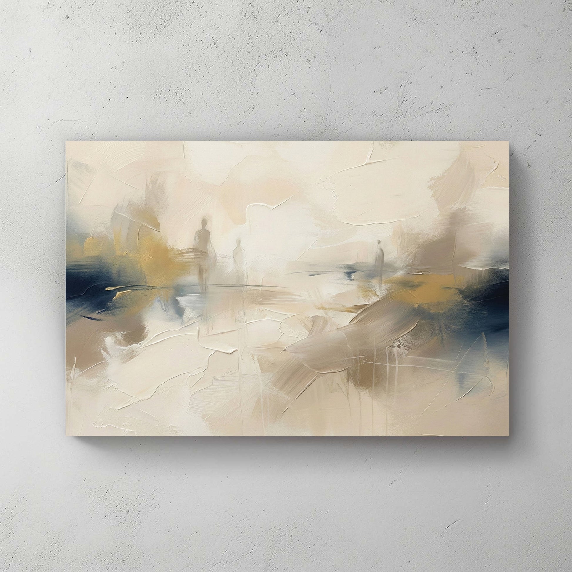 Abstract figures in a neutral landscape wall art with navy and beige tones.