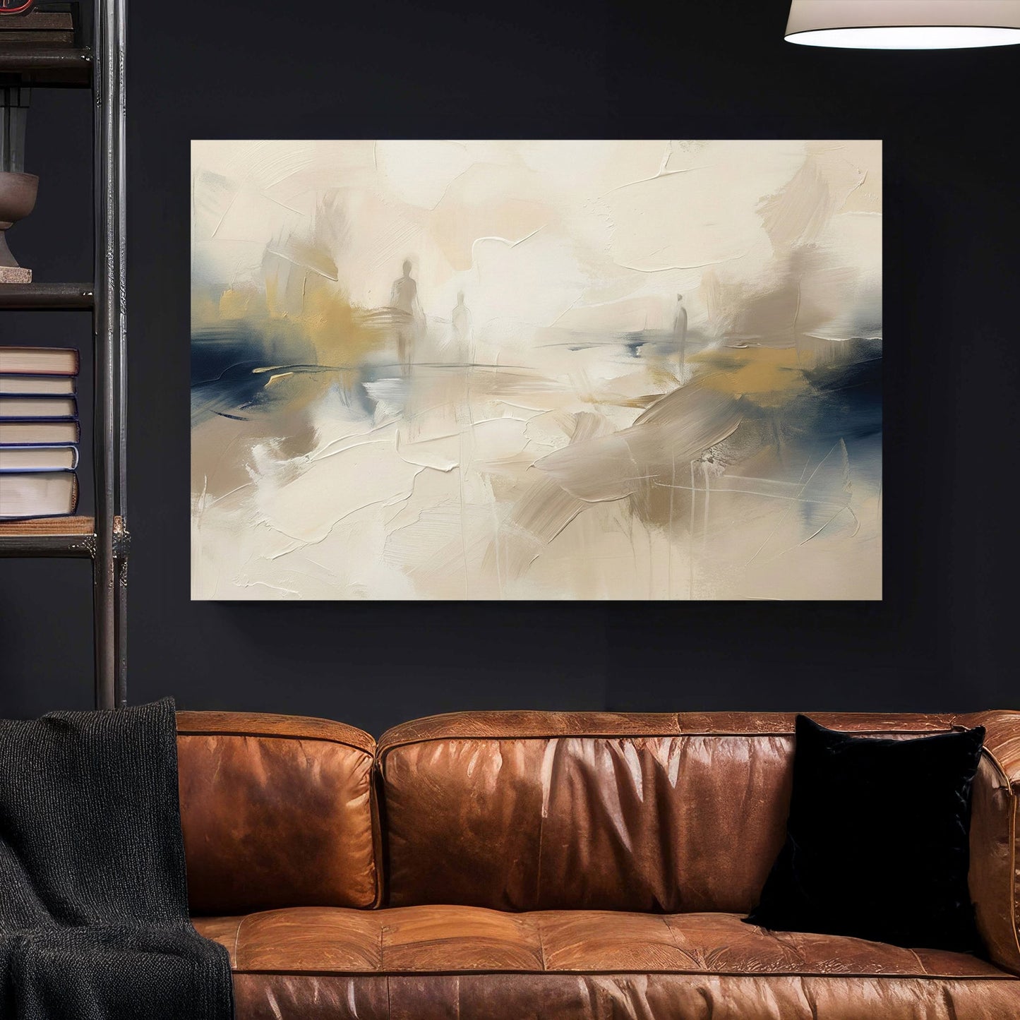 Abstract figures in a neutral landscape wall art with navy and beige tones.
