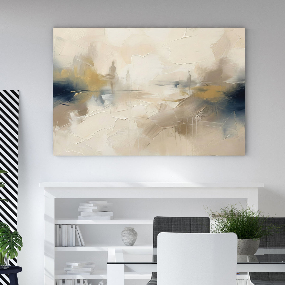 Abstract figures in a neutral landscape wall art with navy and beige tones.