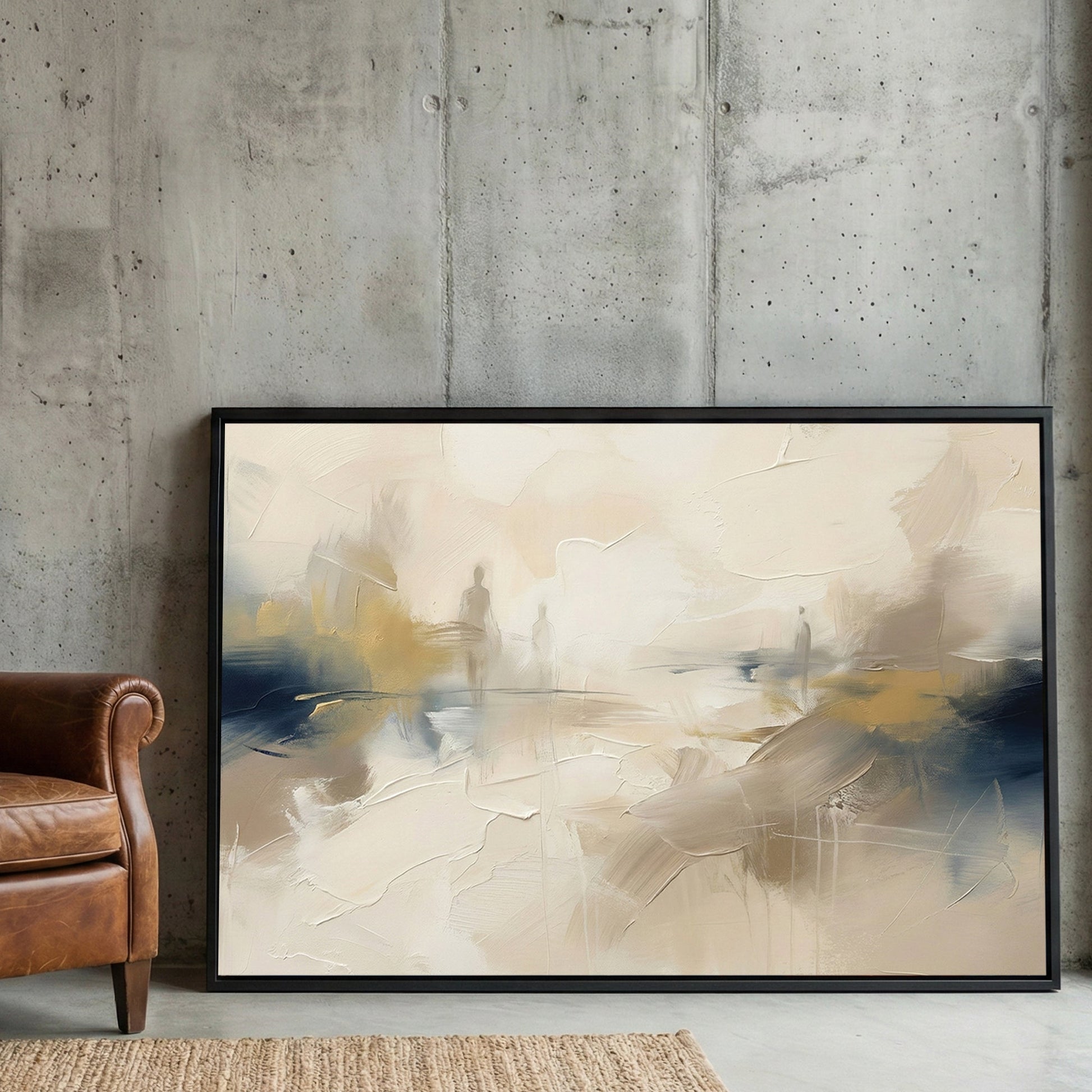 Abstract figures in a neutral landscape wall art with navy and beige tones.