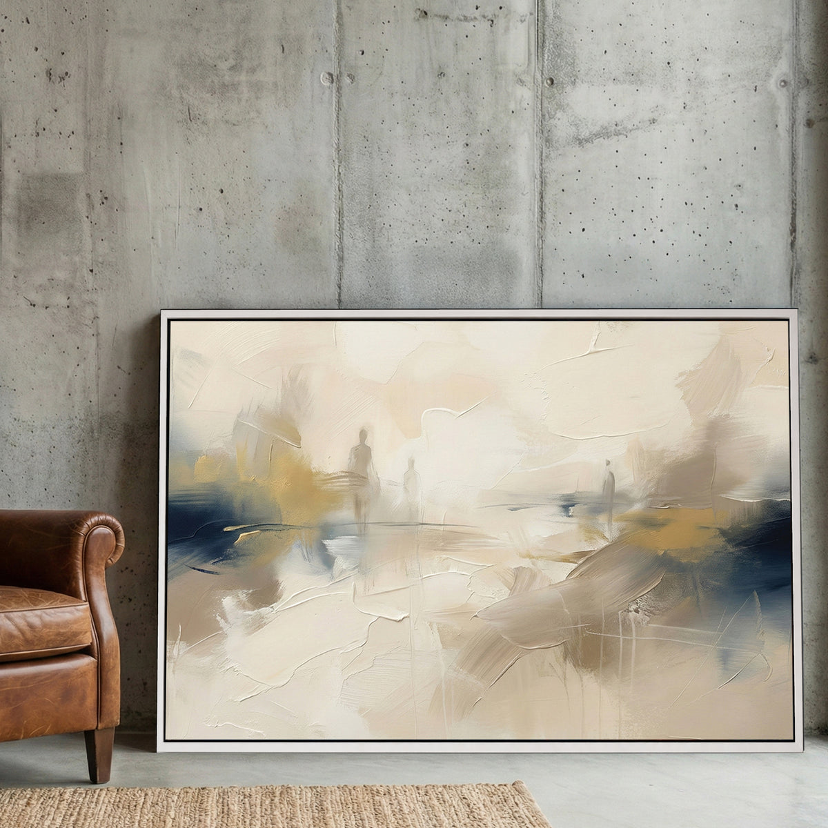 Abstract figures in a neutral landscape wall art with navy and beige tones.
