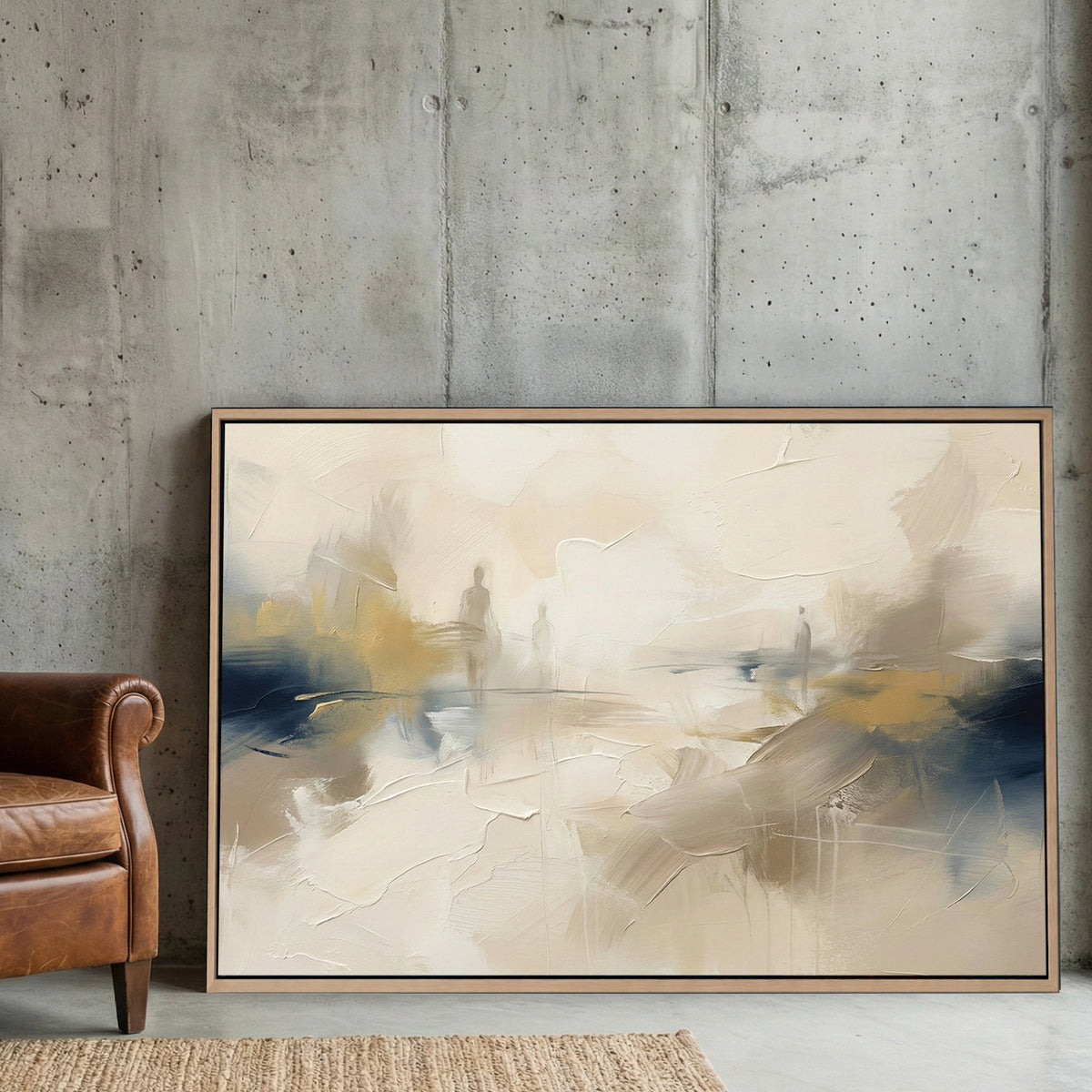 Abstract figures in a neutral landscape wall art with navy and beige tones.