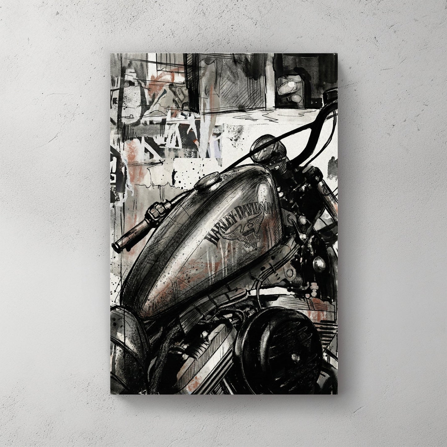 Harley-Davidson motorcycle tank in an urban ink wash street art style wall art.