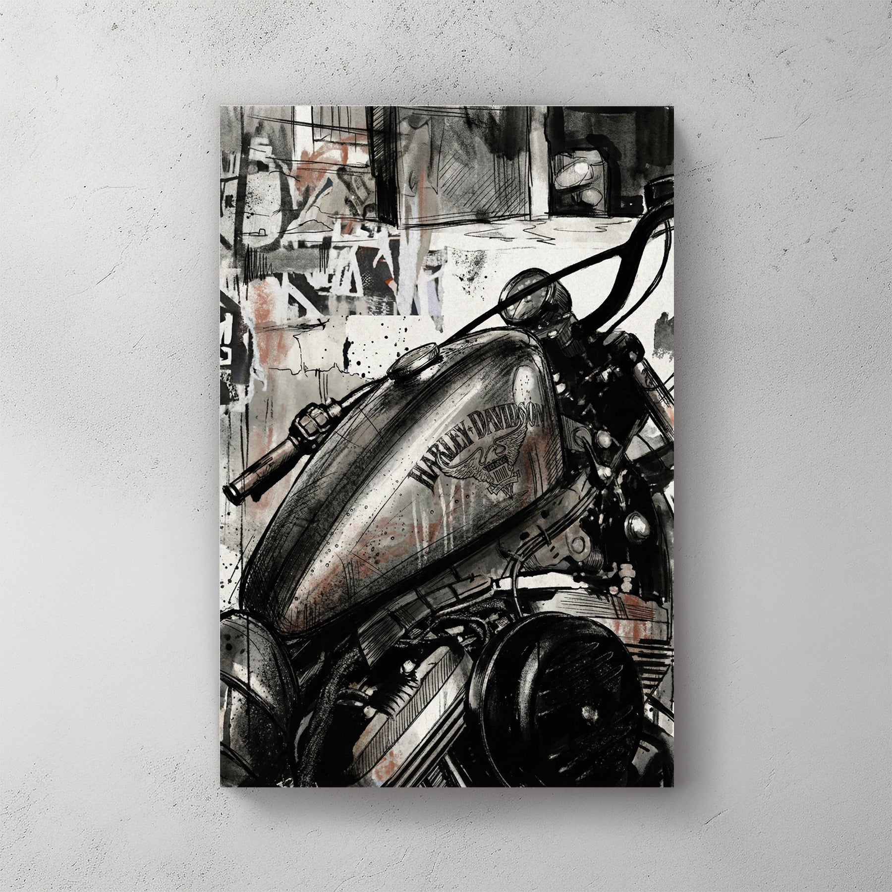 Harley-Davidson motorcycle tank in an urban ink wash street art style wall art.