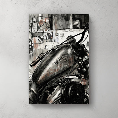 Harley-Davidson motorcycle tank in an urban ink wash street art style wall art.