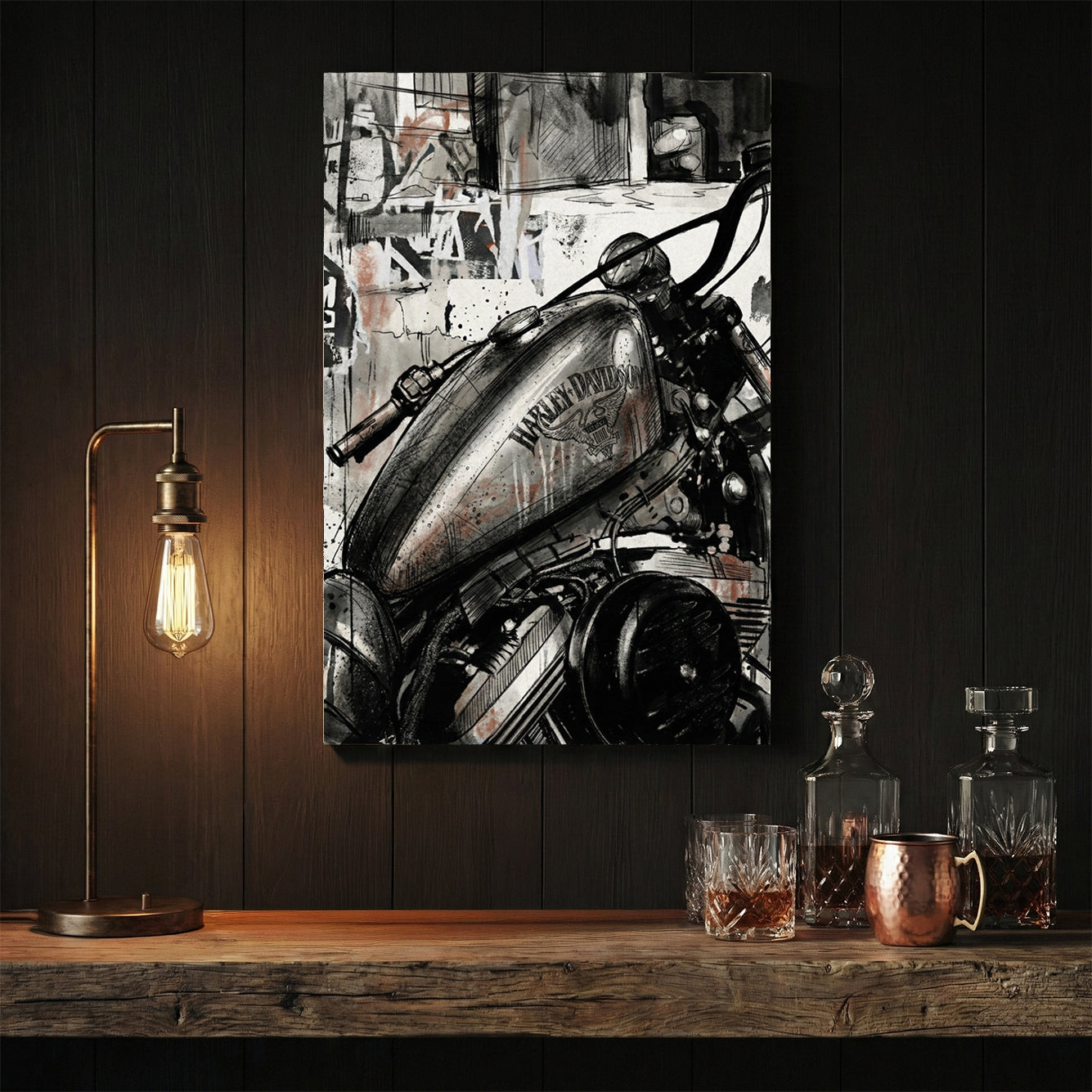 Harley-Davidson motorcycle tank in an urban ink wash street art style wall art.