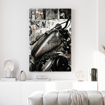 Harley-Davidson motorcycle tank in an urban ink wash street art style wall art.