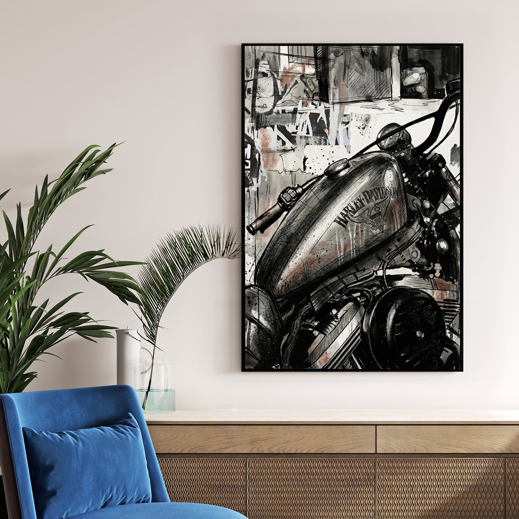 Harley-Davidson motorcycle tank in an urban ink wash street art style wall art.