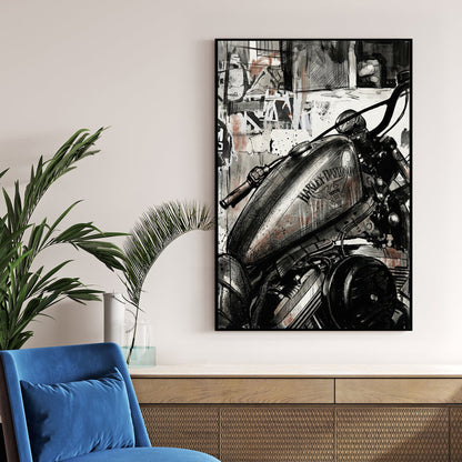 Harley-Davidson motorcycle tank in an urban ink wash street art style wall art.