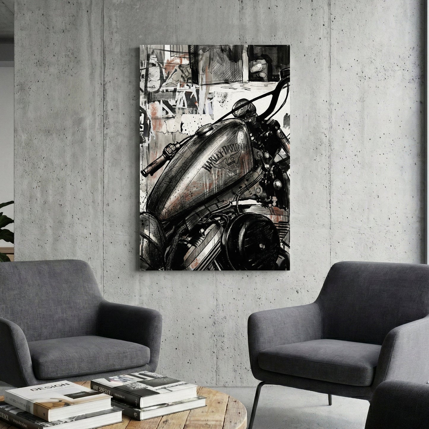 Harley-Davidson motorcycle tank in an urban ink wash street art style wall art.