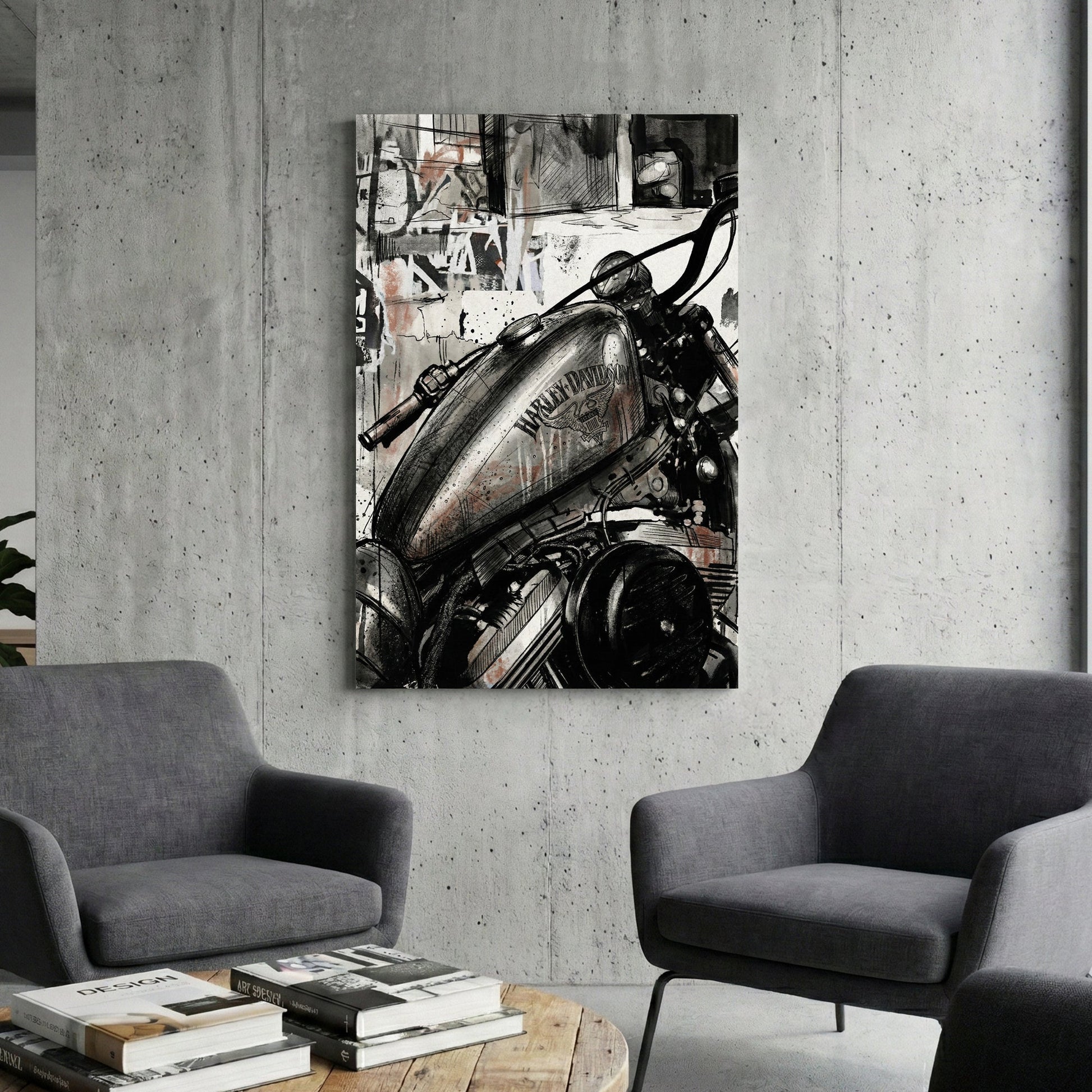 Harley-Davidson motorcycle tank in an urban ink wash street art style wall art.