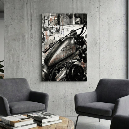 Harley-Davidson motorcycle tank in an urban ink wash street art style wall art.