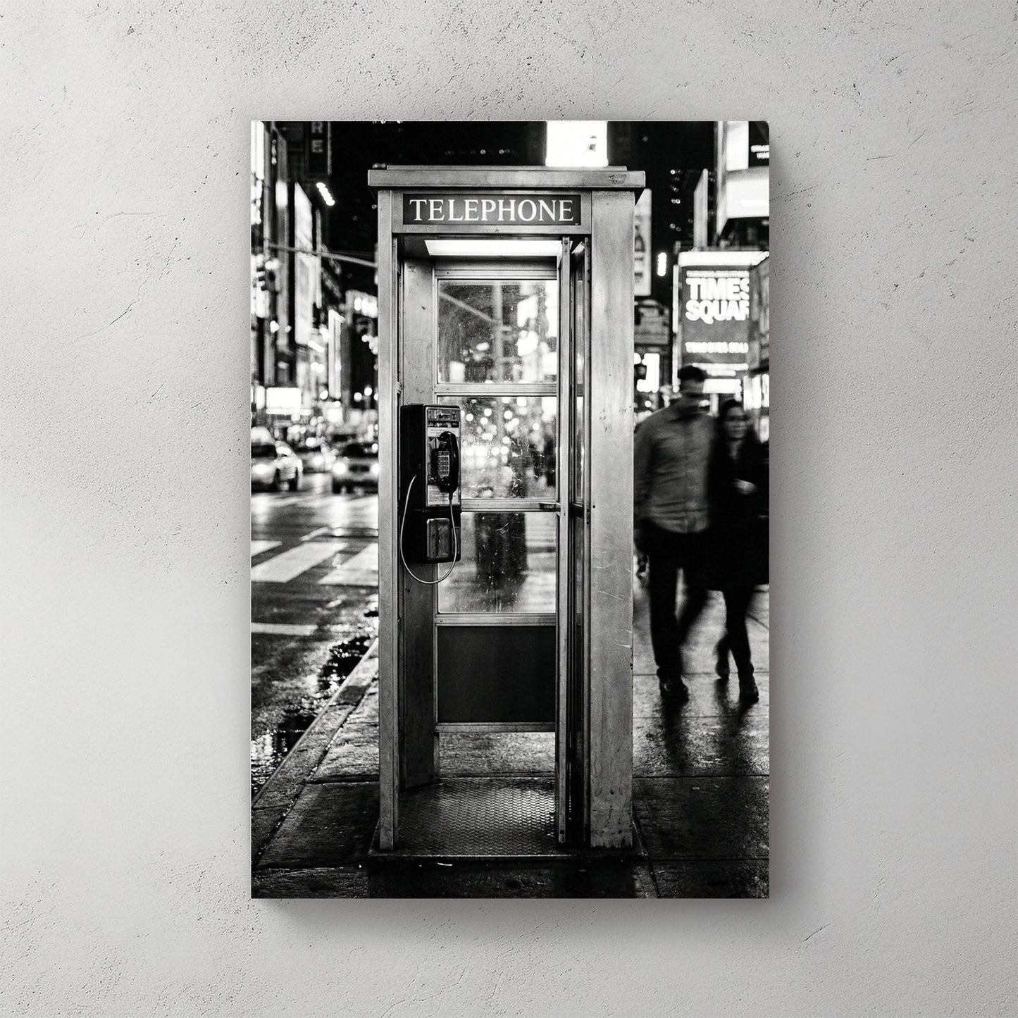 Black and white Times Square wall art featuring a vintage telephone booth on a busy NYC street.