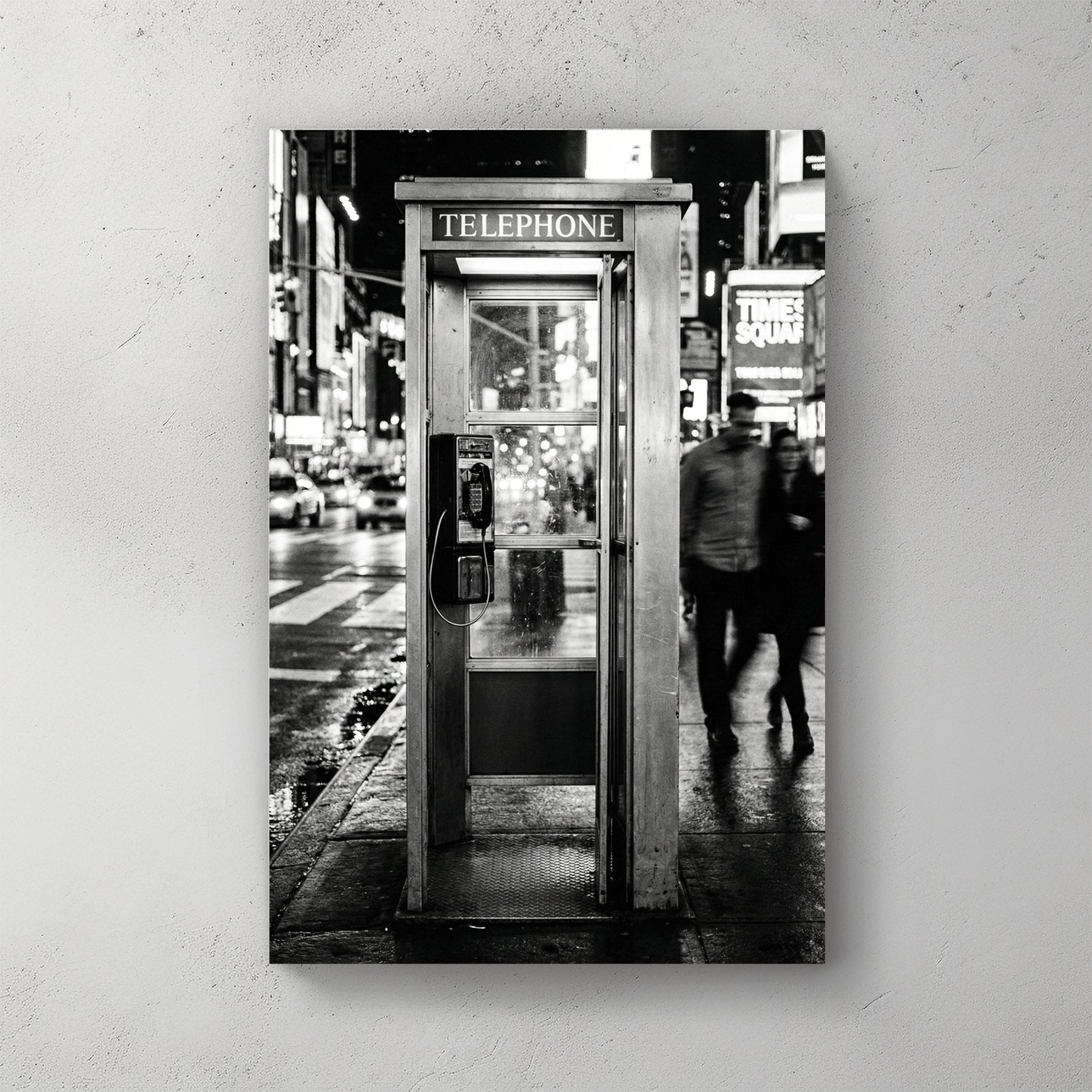 Black and white Times Square wall art featuring a vintage telephone booth on a busy NYC street.