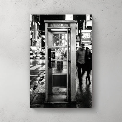Black and white Times Square wall art featuring a vintage telephone booth on a busy NYC street.