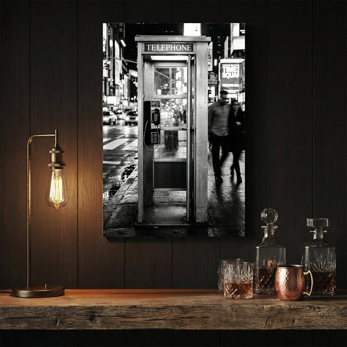 Black and white Times Square wall art featuring a vintage telephone booth on a busy NYC street.