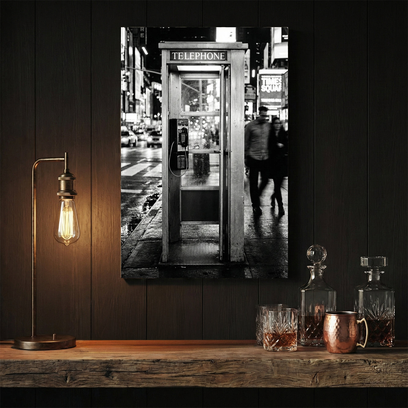 Black and white Times Square wall art featuring a vintage telephone booth on a busy NYC street.