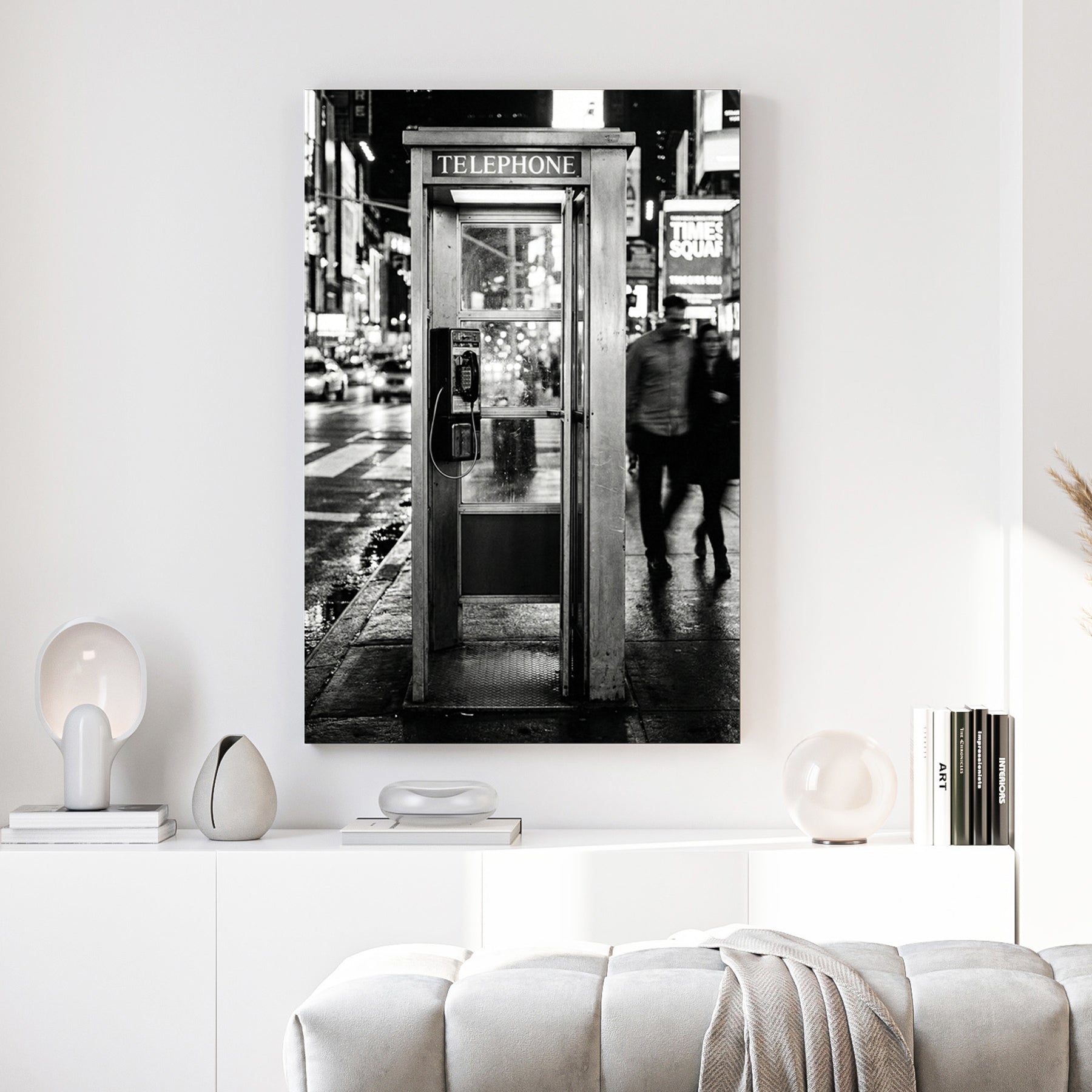 Black and white Times Square wall art featuring a vintage telephone booth on a busy NYC street.