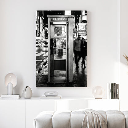 Black and white Times Square wall art featuring a vintage telephone booth on a busy NYC street.