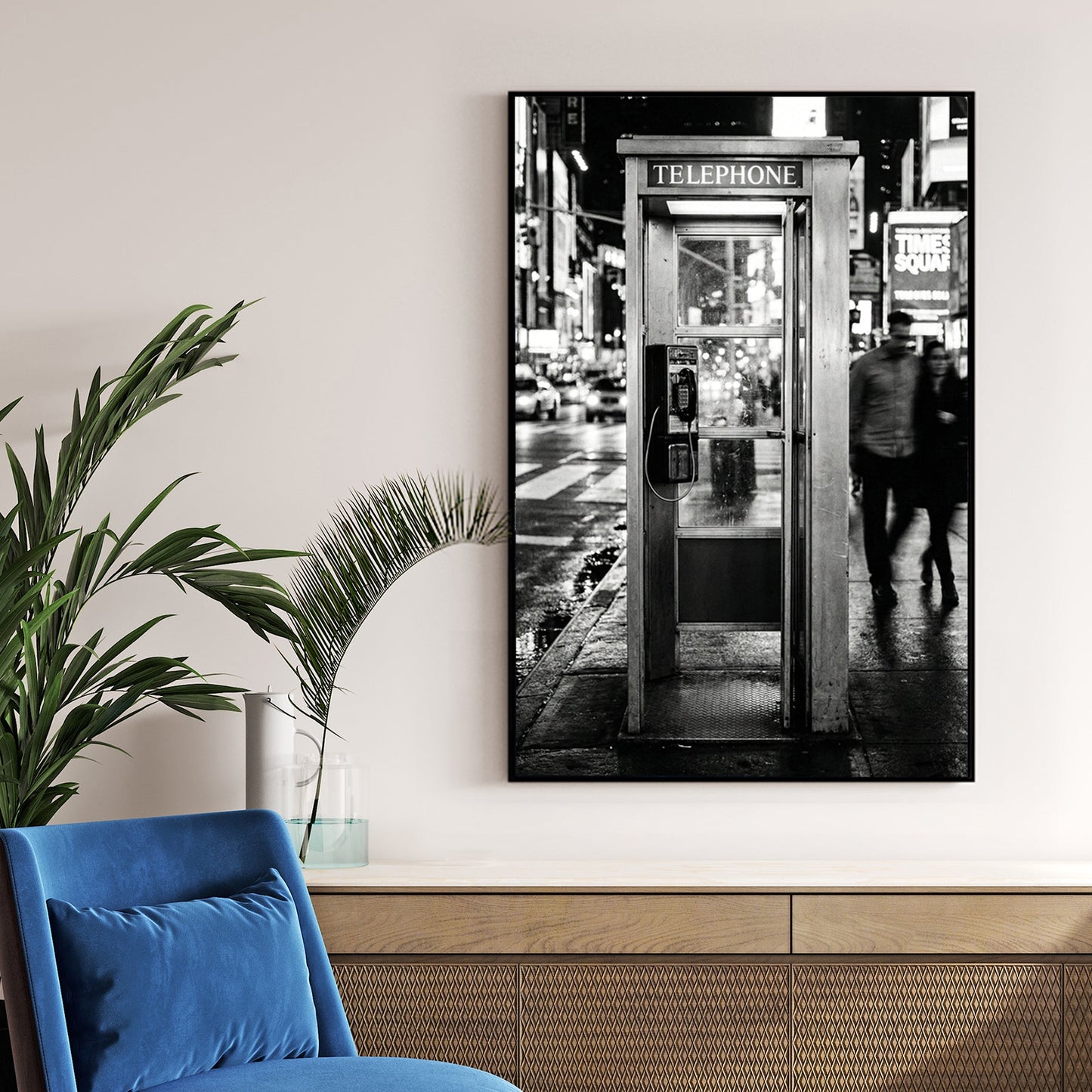 Black and white Times Square wall art featuring a vintage telephone booth on a busy NYC street.