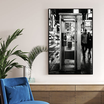 Black and white Times Square wall art featuring a vintage telephone booth on a busy NYC street.