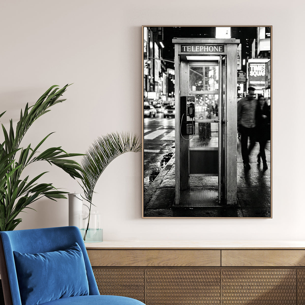 Black and white Times Square wall art featuring a vintage telephone booth on a busy NYC street.