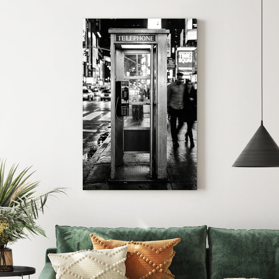 Black and white Times Square wall art featuring a vintage telephone booth on a busy NYC street.