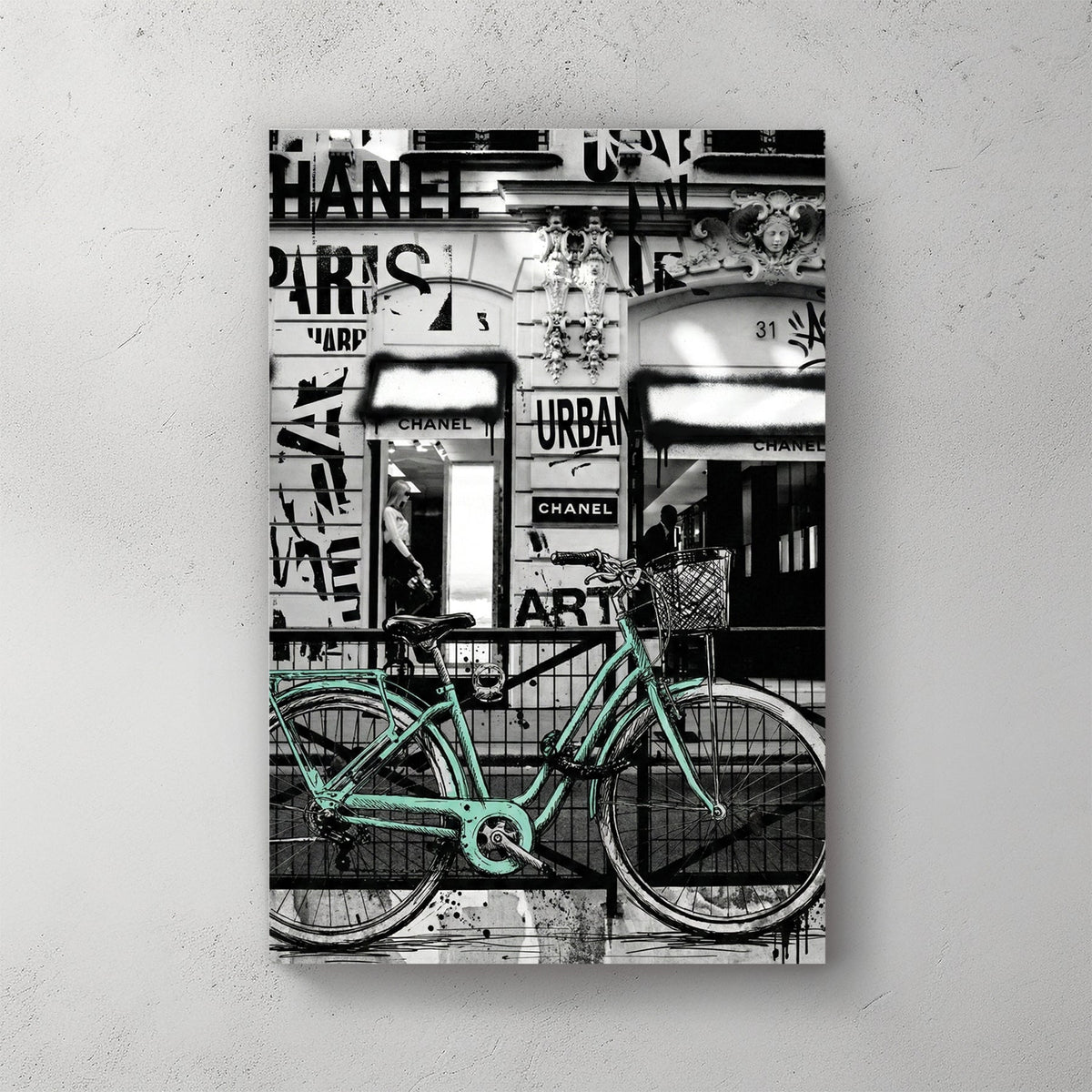 Chanel Paris wall art featuring a mint bicycle and urban graffiti elements.
