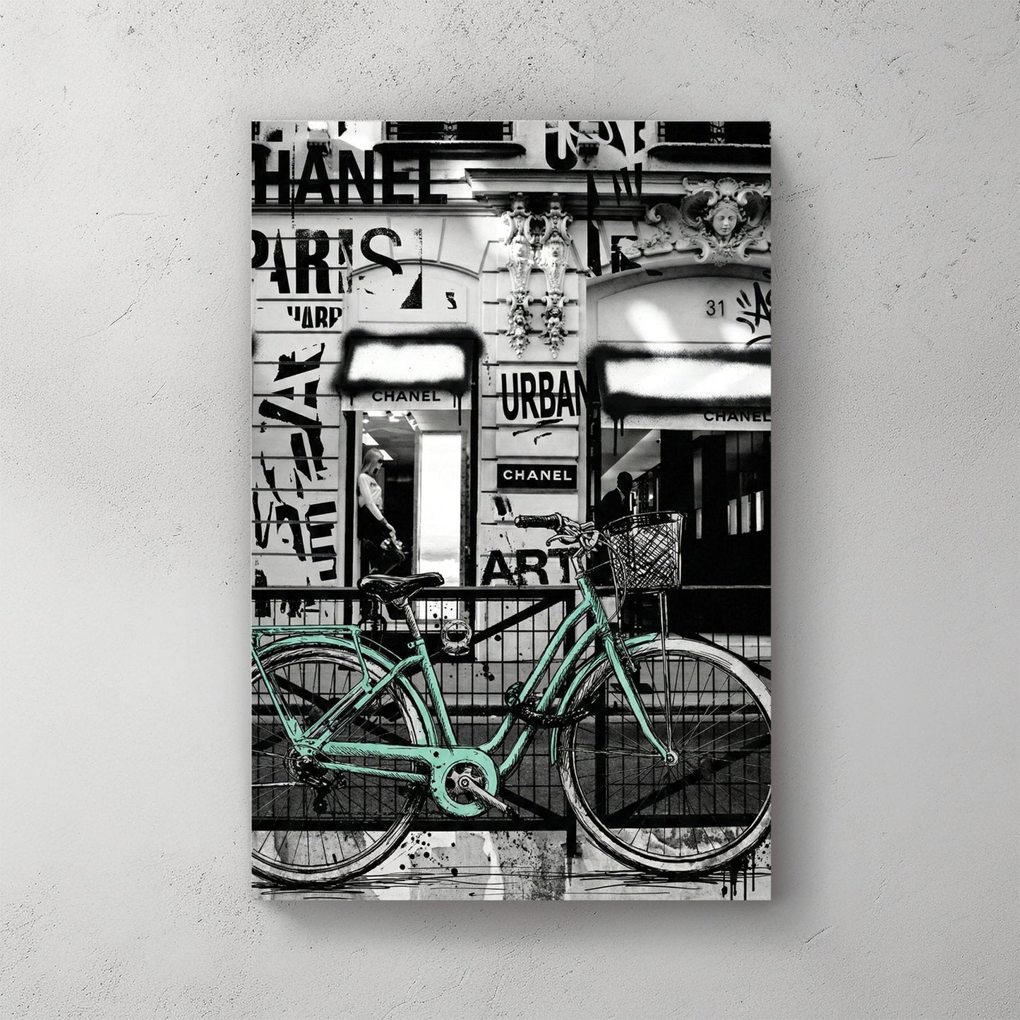 Chanel Paris wall art featuring a mint bicycle and urban graffiti elements.
