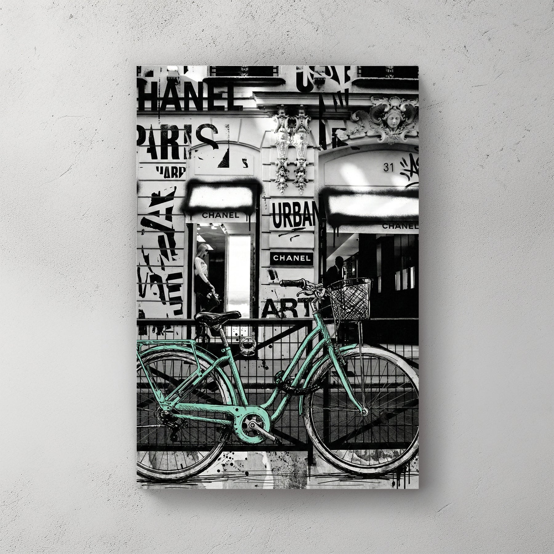 Chanel Paris wall art featuring a mint bicycle and urban graffiti elements.