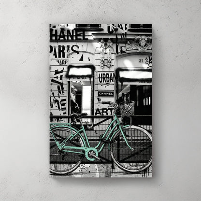 Chanel Paris wall art featuring a mint bicycle and urban graffiti elements.