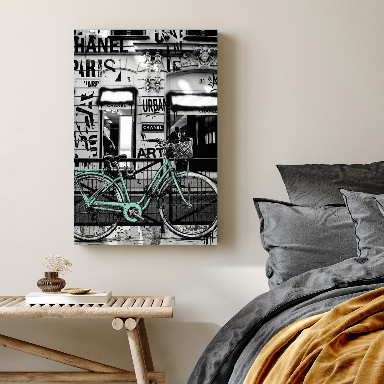 Chanel Paris wall art featuring a mint bicycle and urban graffiti elements.